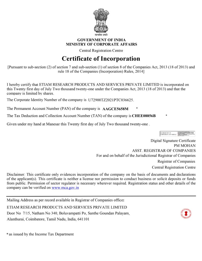 Etiam Certificate of Incorporation